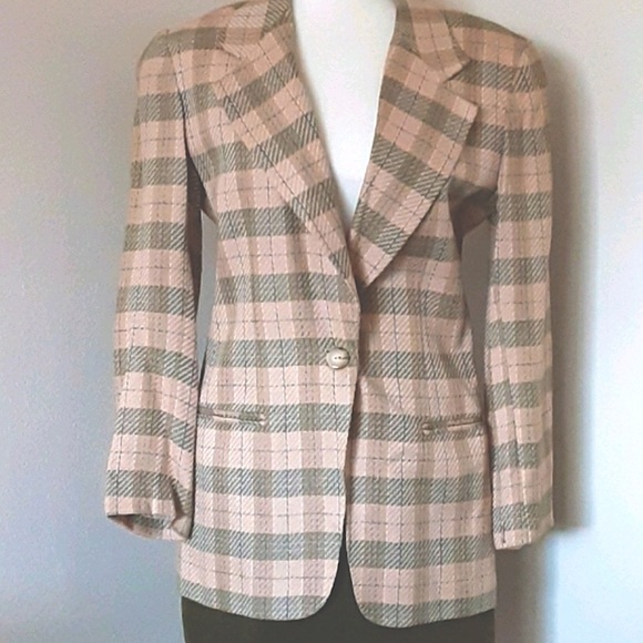Vintage Preppy Plaid Blazer Peach Tan Olive Green Structured Jacket Sz 4 - Picture 2 of 8